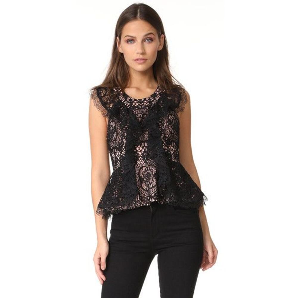 ALEXIS Cairo Black Lace Peplum Top Small 2/4 Sleeveless Ruffle Coquette Luxe